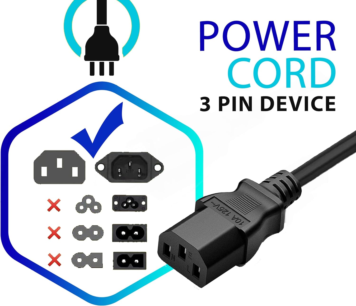 20ft 3 Prong Computer Power Cord |125V| Standard Replacement AC Electric Cable for Monitor, TV, Computer, Desktop, PC, Printer