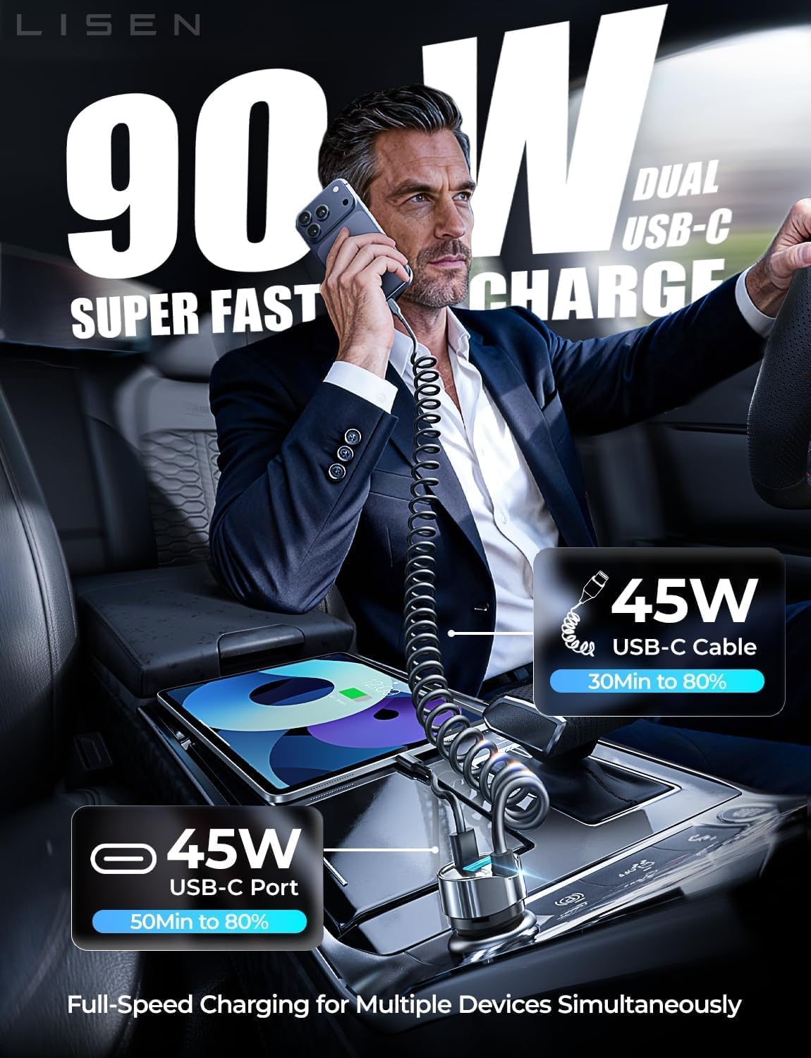 LISEN 90W USB C Car Charger for iPhone 17/16/15 Series