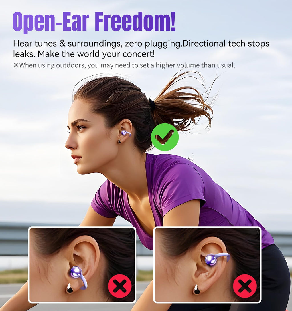 King Lucky Clip-On Earbuds Gen 3, Open-Ear Wireless Bluetooth 6.0 Headphones with Mic, Secure Fit for Small Ears & Glasses Wearers, 50H Playtime, LED Digital Display, ENC, IPX5 Waterproof (Purple)