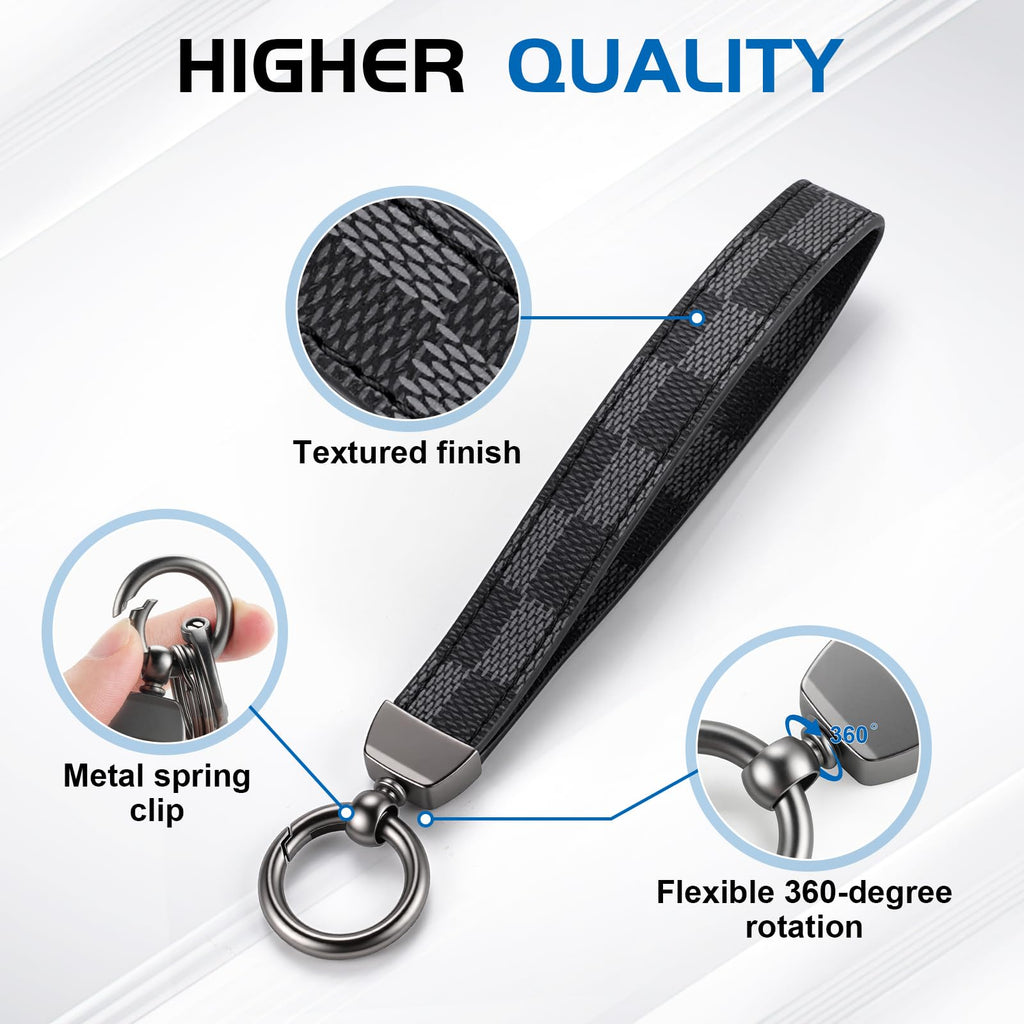 JUSTTOP Leather Wristlet Keychain, Carbon Fiber Car Key Chain with Anti-Lost D-Ring and 2 Key Rings, Compatible with Most Car Keys, Car Accessories, A Great Gift for Men and Women (Black)