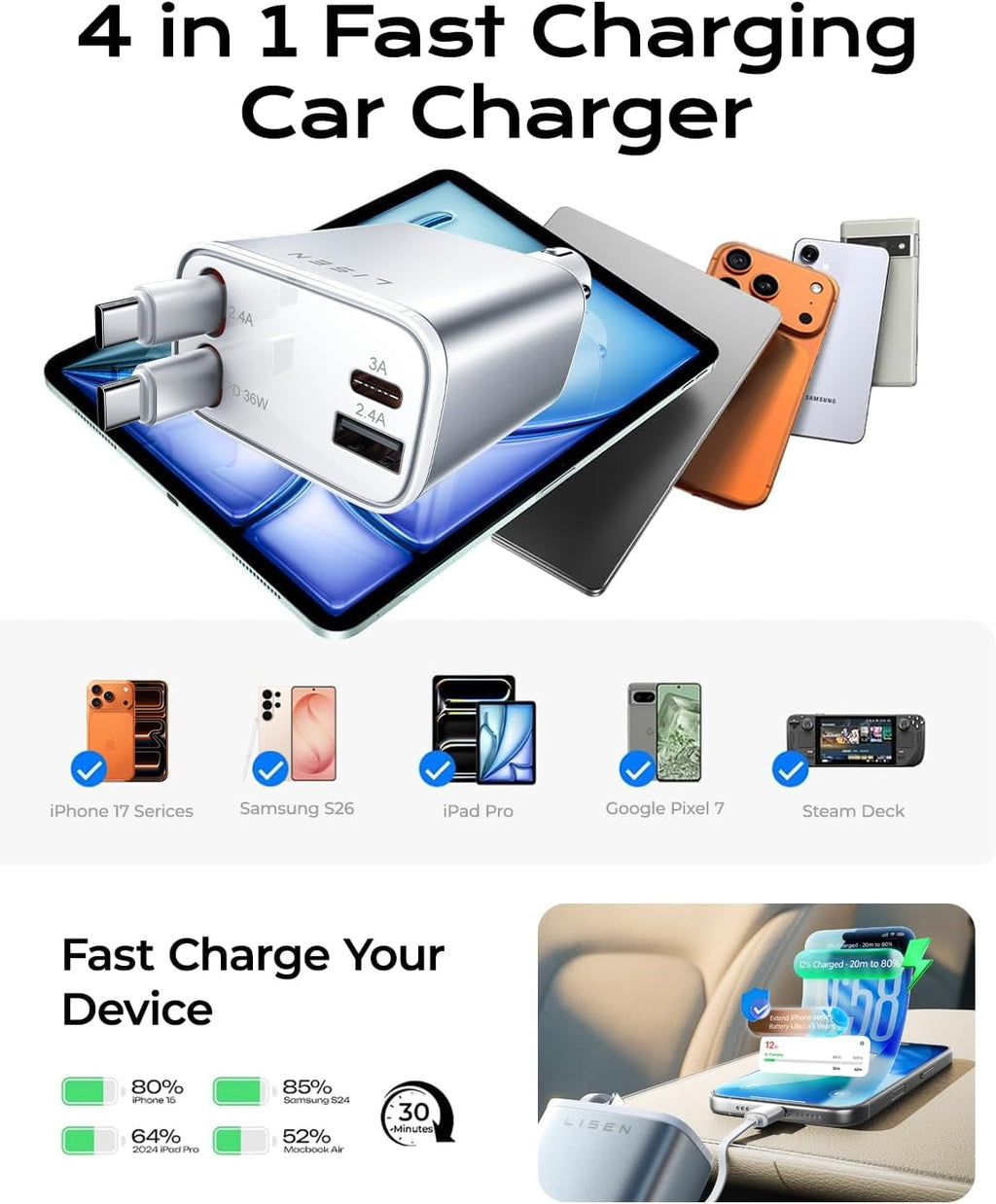 LISEN 72W Retractable Car Charger Ultra-Compact USBC Fast Car Charger