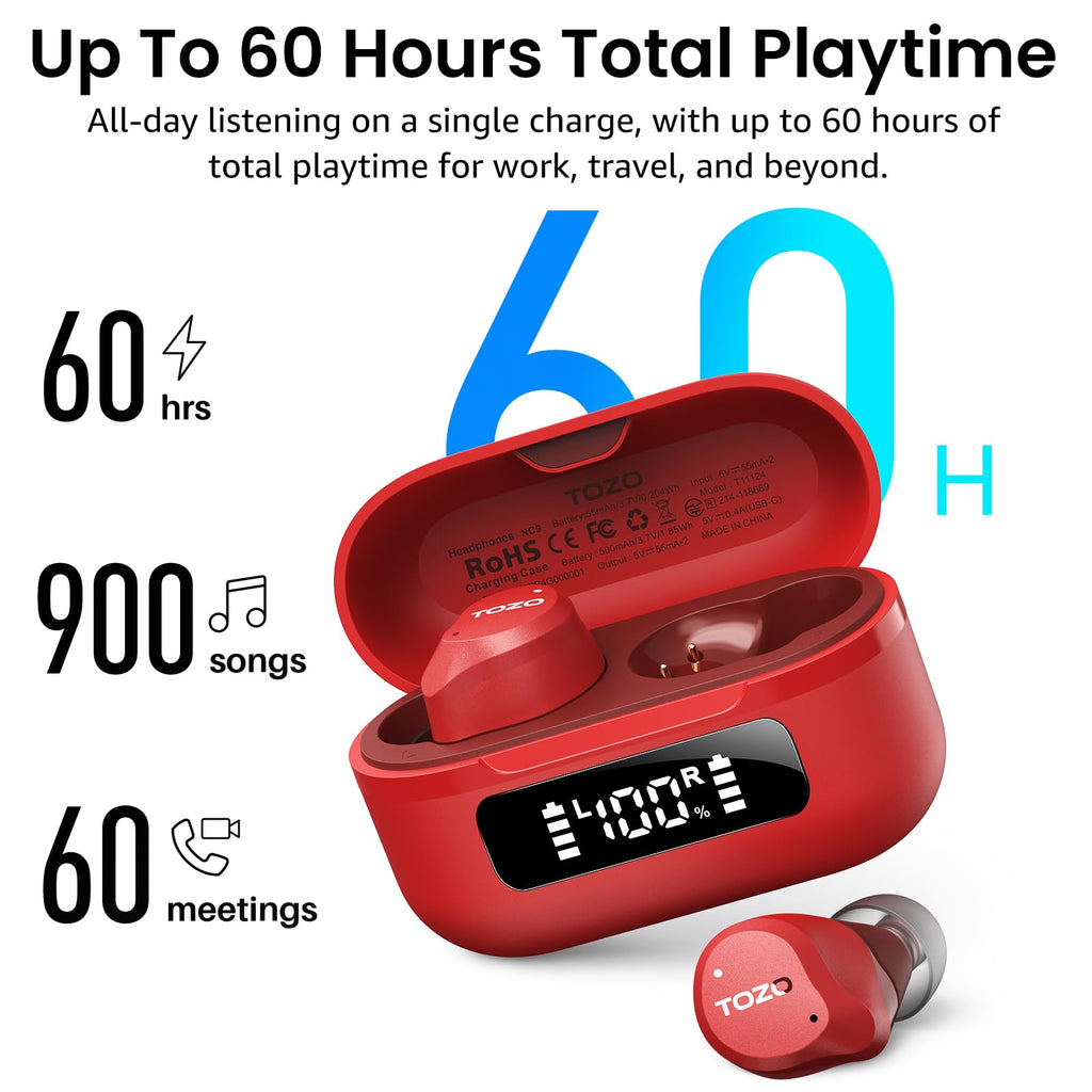 TOZO NC9 Hybrid Active Noise Cancelling Wireless Earbuds, 60H, LED Display