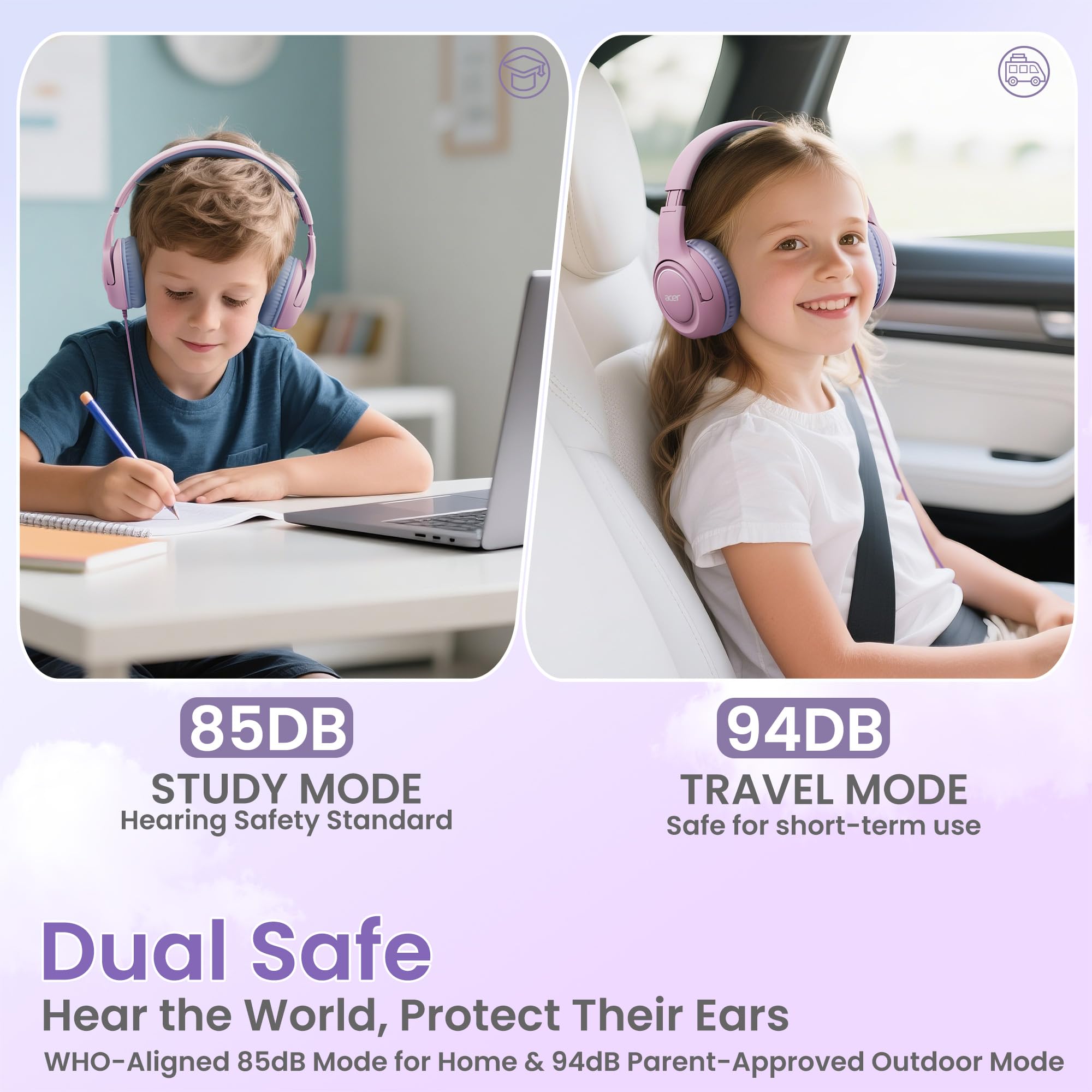 Acer Kids Headphones for School, 85-94dB Limiter, 3.5mm Jack, w/Mic HK03