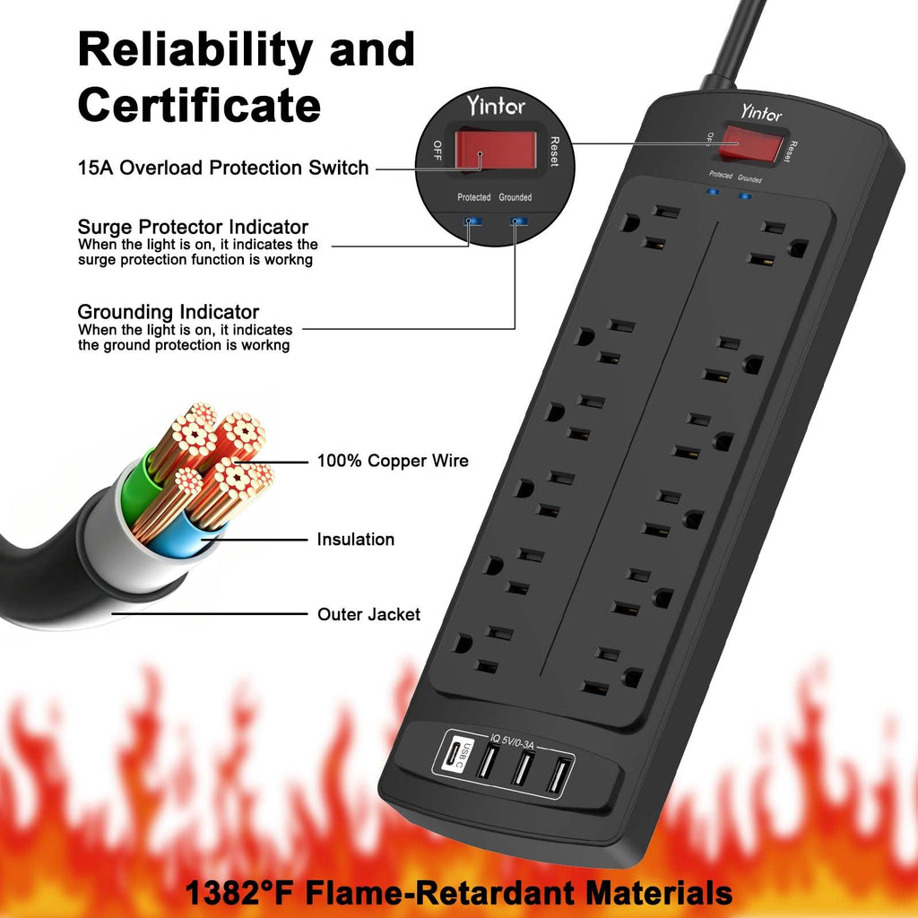 Yintar 6Ft Surge Protector Power Strip with 6 Outlets & 3 USB Ports, Black