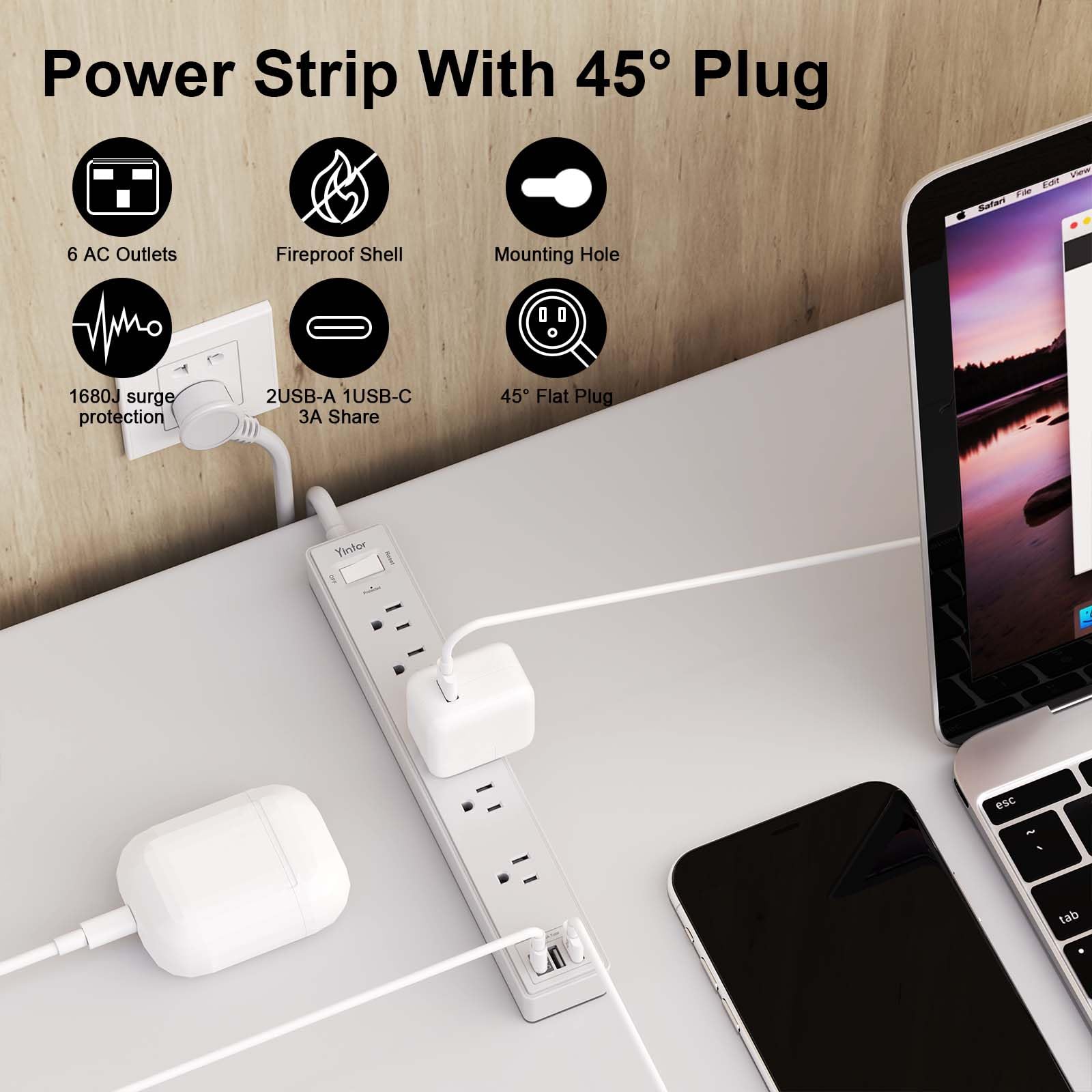 Yintar 6Ft Surge Protector Power Strip with 6 Outlets & 3 USB Ports, Black