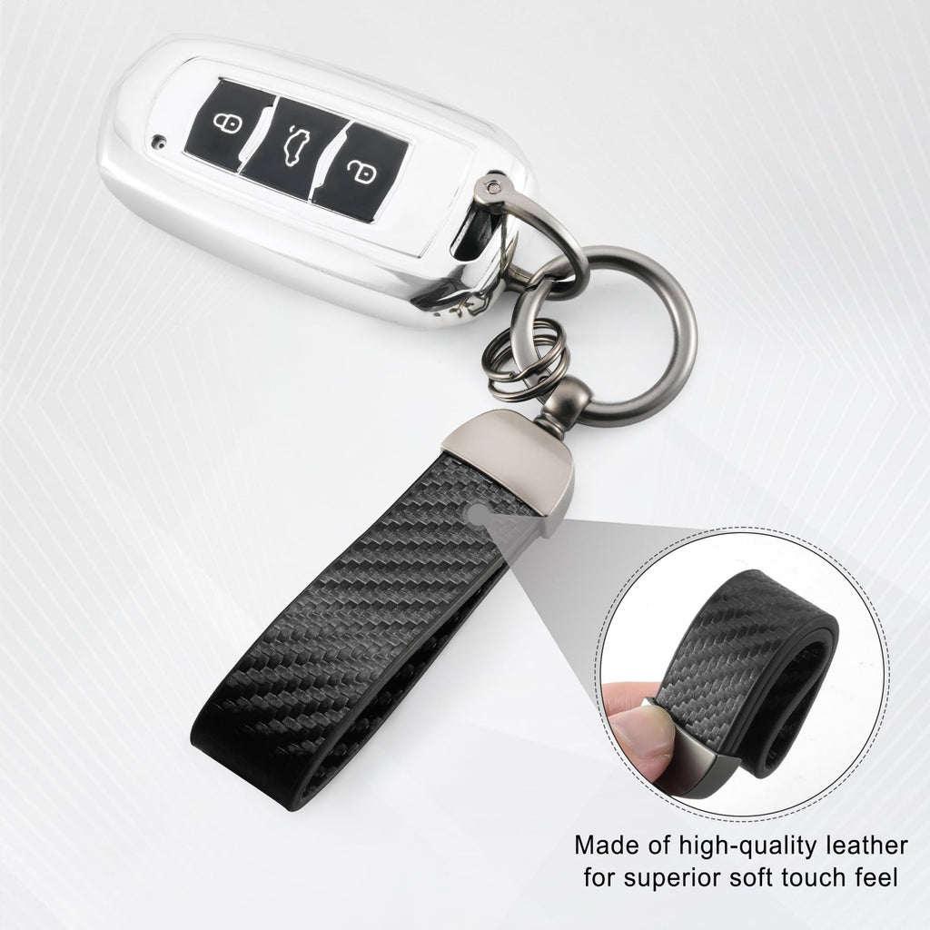 JUSTTOP Leather Wristlet Keychain, Carbon Fiber Car Key Chain with Anti-Lost D-Ring and 2 Key Rings, Compatible with Most Car Keys, Car Accessories, A Great Gift for Men and Women (Black)