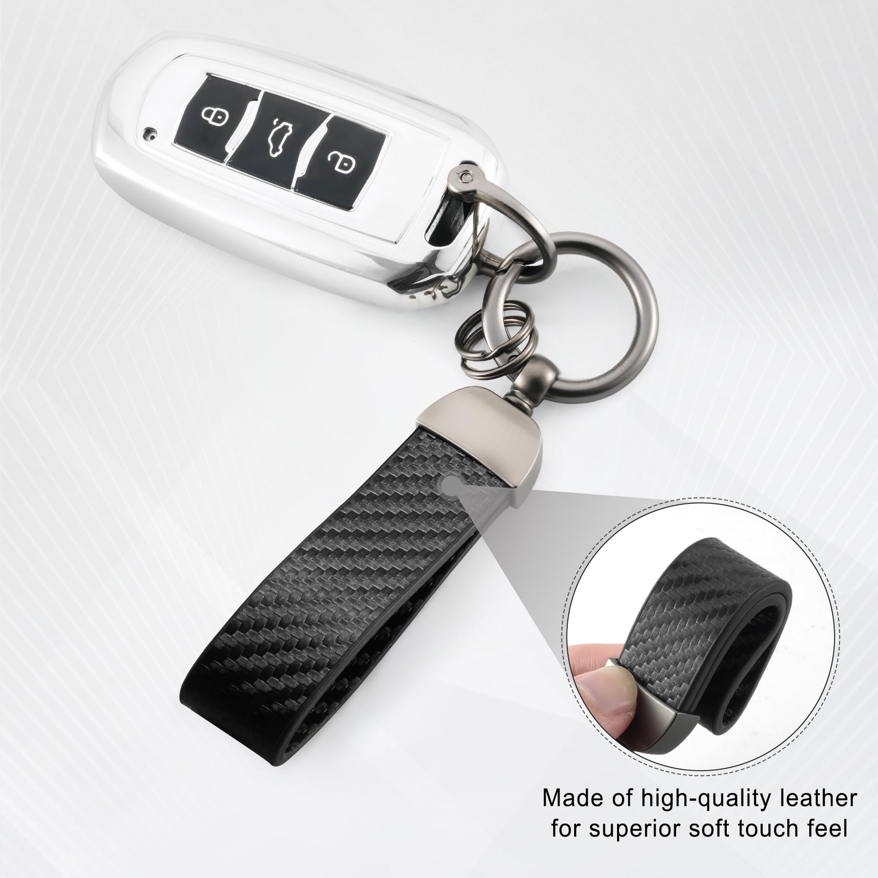 JUSTTOP Leather Wristlet Keychain, Carbon Fiber Car Key Chain with Anti-Lost D-Ring and 2 Key Rings, Compatible with Most Car Keys, Car Accessories, A Great Gift for Men and Women (Black)
