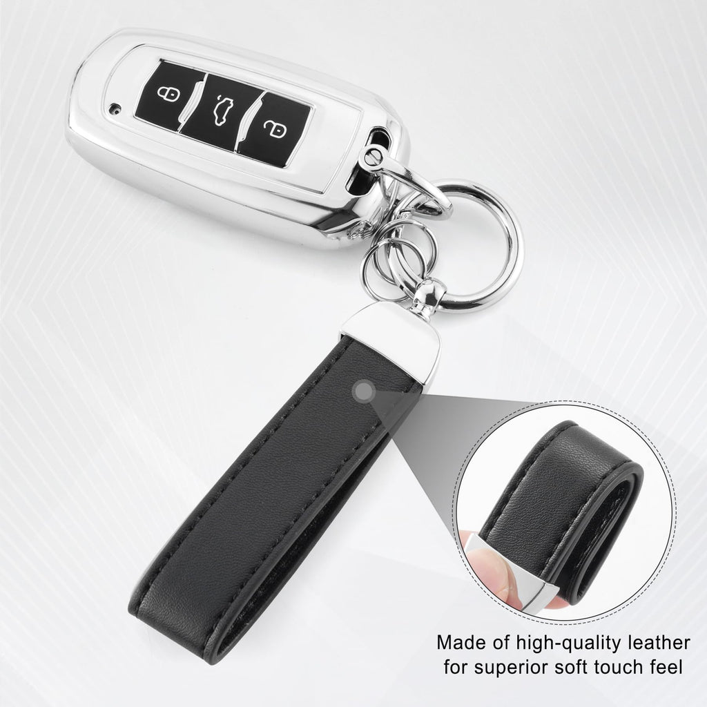 JUSTTOP Leather Wristlet Keychain, Carbon Fiber Car Key Chain with Anti-Lost D-Ring and 2 Key Rings, Compatible with Most Car Keys, Car Accessories, A Great Gift for Men and Women (Black)