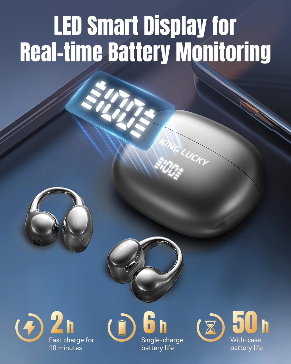 King Lucky Clip-On Earbuds Gen 3, Open-Ear Wireless Bluetooth 6.0 Headphones with Mic, Secure Fit for Small Ears & Glasses Wearers, 50H Playtime, LED Digital Display, ENC, IPX5 Waterproof (Purple)