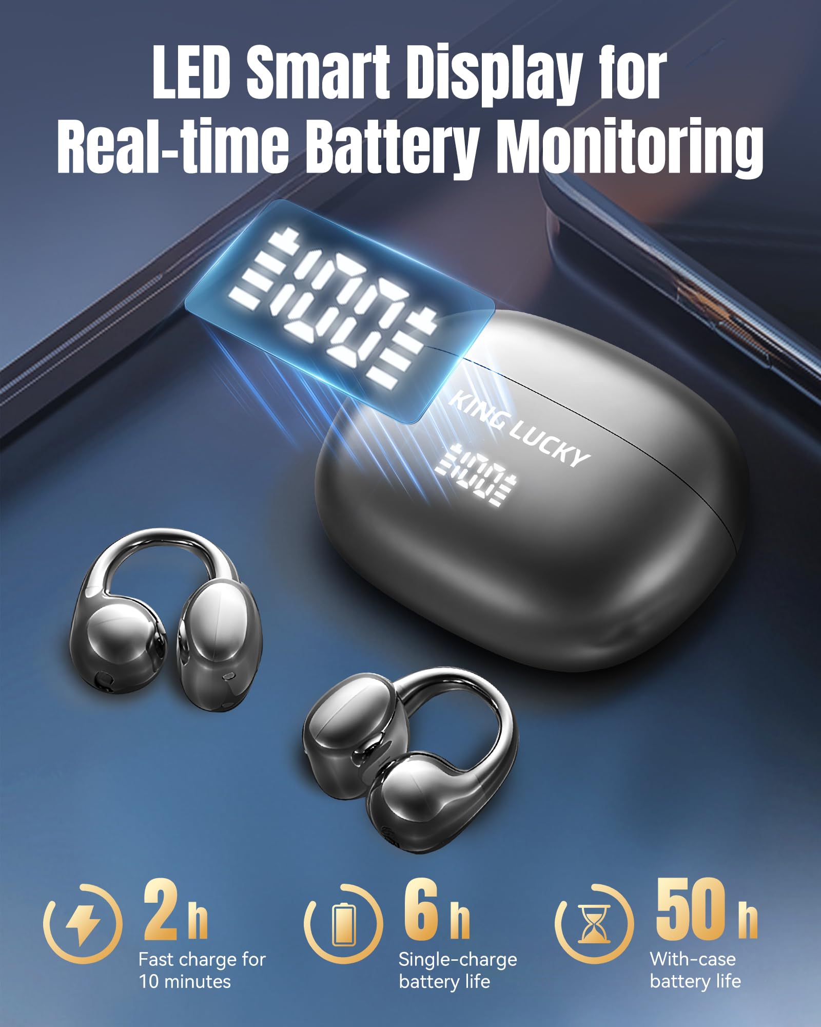 King Lucky Clip-On Earbuds Gen 3, Open-Ear Wireless Bluetooth 6.0 Headphones with Mic, Secure Fit for Small Ears & Glasses Wearers, 50H Playtime, LED Digital Display, ENC, IPX5 Waterproof (Purple)