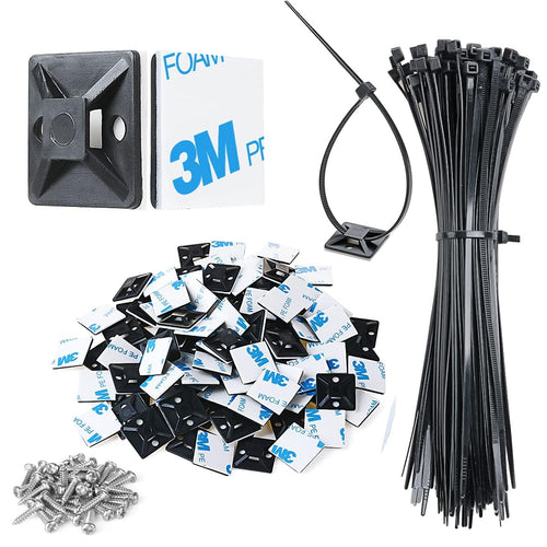 3/4" Strong Back-Glue Self Adhesive White Cable Zip Tie Mounts 100pcs with 8" Ties, Screws, Outdoor Sticky Wire Fasteners Cable Clips Management Anchors Organizer Holders Squares