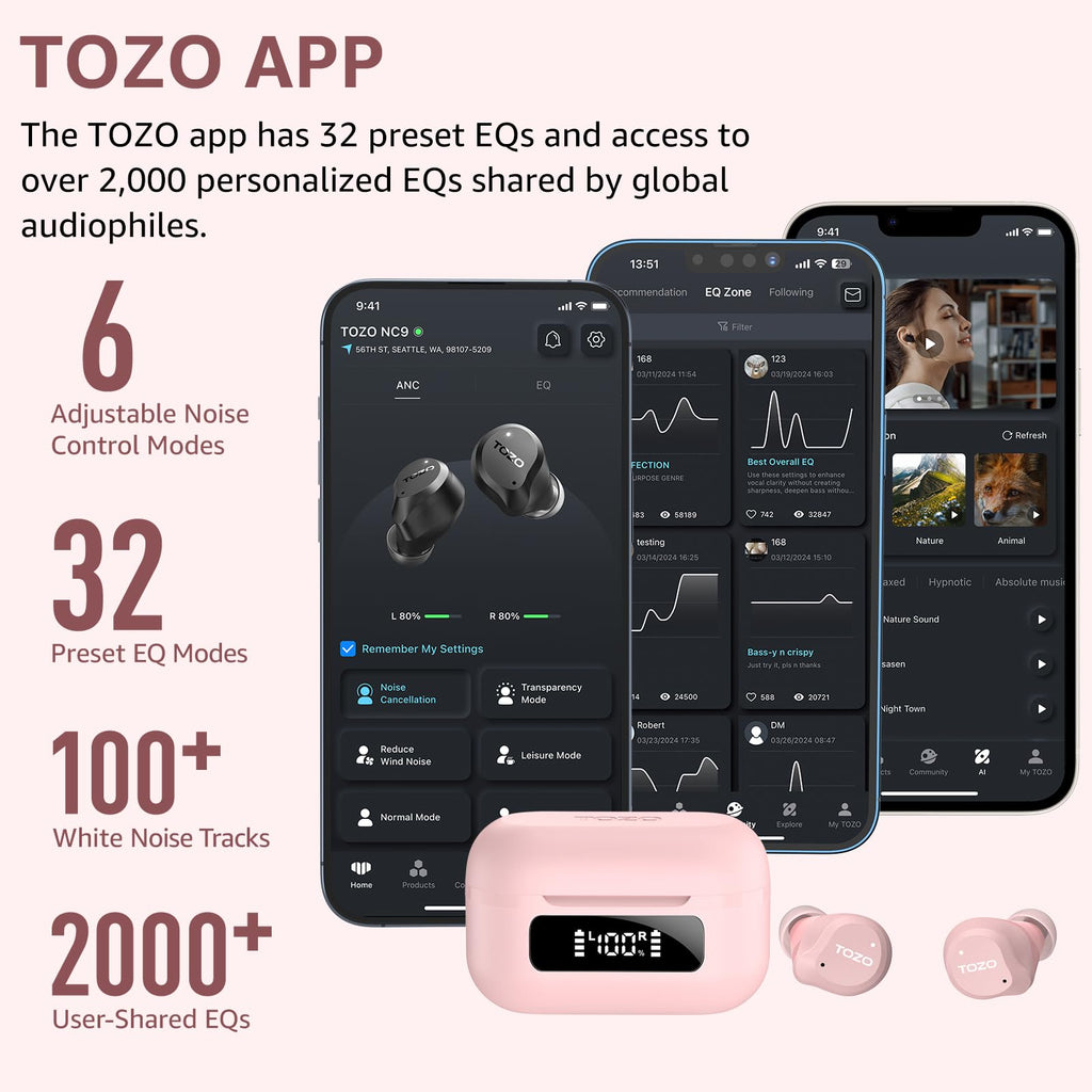 TOZO NC9 Hybrid Active Noise Cancelling Wireless Earbuds, 60H, LED Display