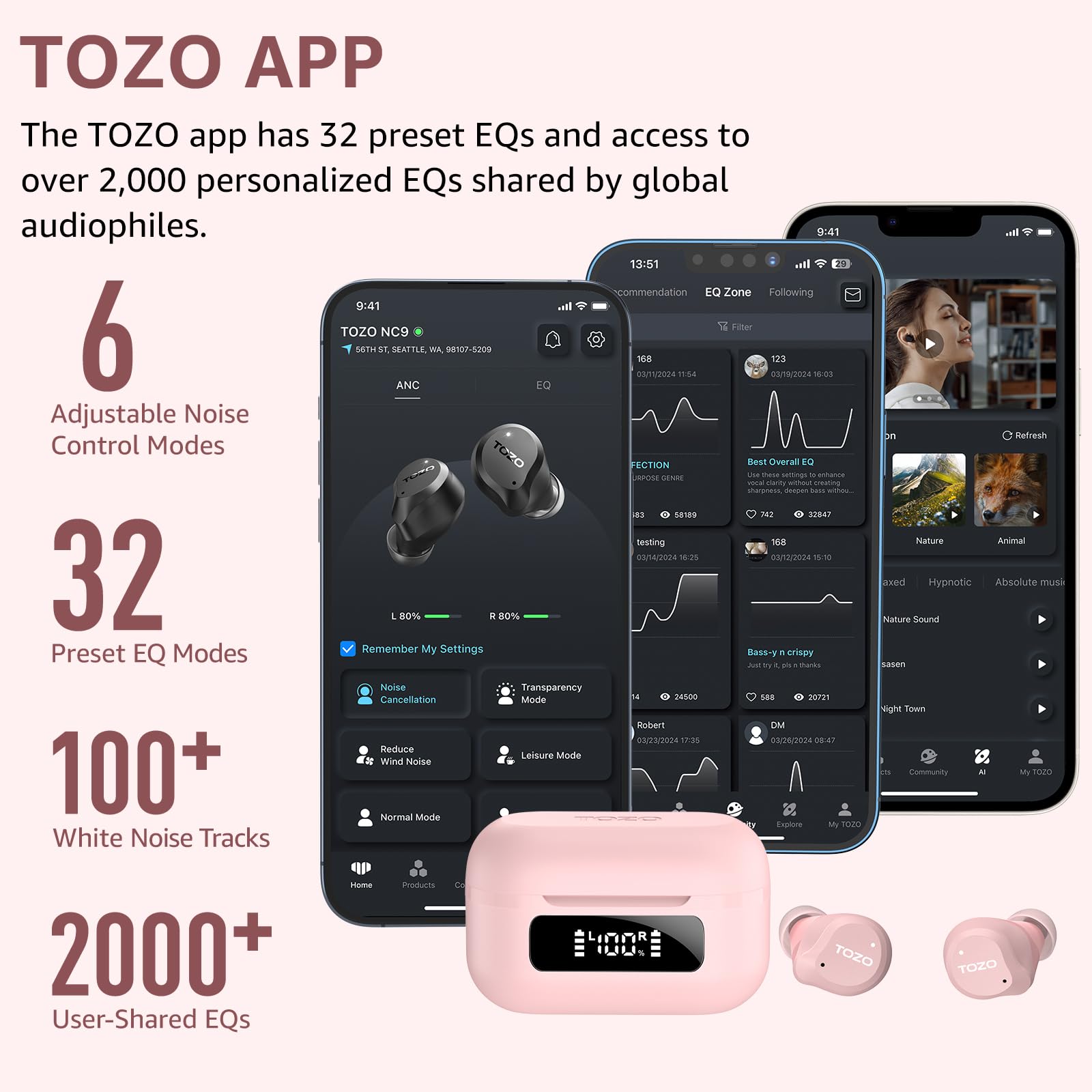 TOZO NC9 Hybrid Active Noise Cancelling Wireless Earbuds, 60H, LED Display