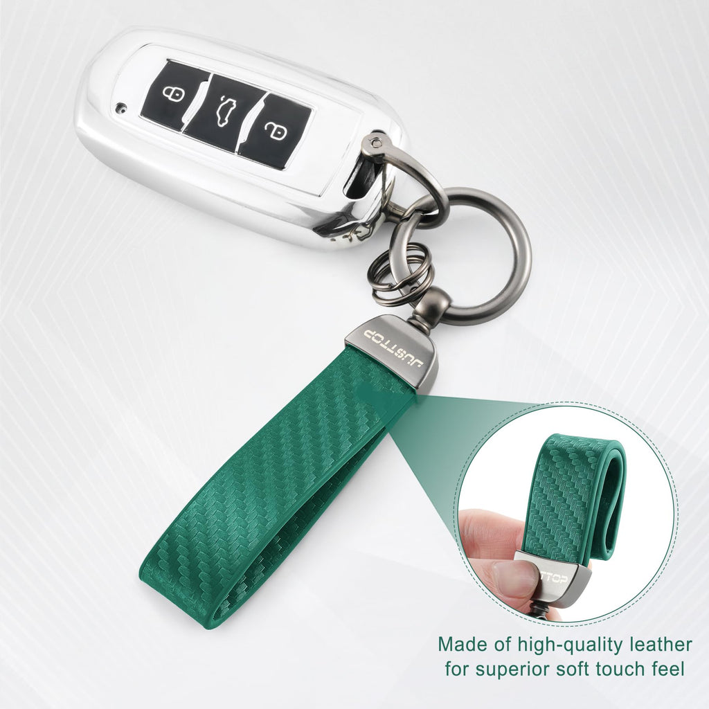 JUSTTOP Leather Wristlet Keychain, Carbon Fiber Car Key Chain with Anti-Lost D-Ring and 2 Key Rings, Compatible with Most Car Keys, Car Accessories, A Great Gift for Men and Women (Black)