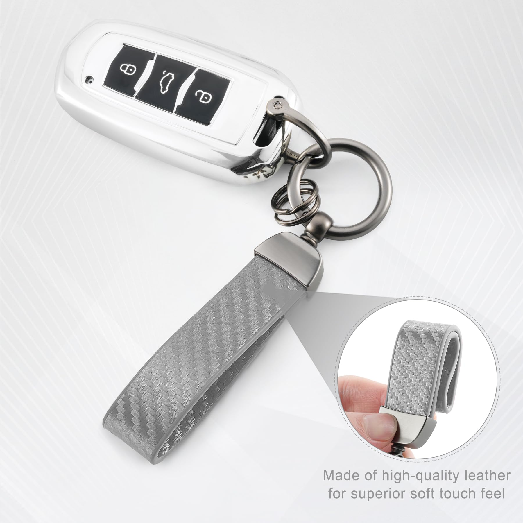 JUSTTOP Leather Wristlet Keychain, Carbon Fiber Car Key Chain with Anti-Lost D-Ring and 2 Key Rings, Compatible with Most Car Keys, Car Accessories, A Great Gift for Men and Women (Black)