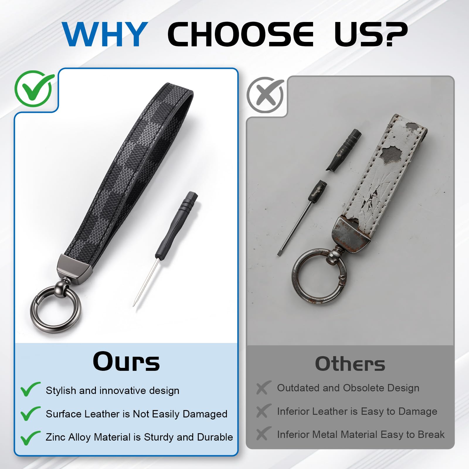JUSTTOP Leather Wristlet Keychain, Carbon Fiber Car Key Chain with Anti-Lost D-Ring and 2 Key Rings, Compatible with Most Car Keys, Car Accessories, A Great Gift for Men and Women (Black)