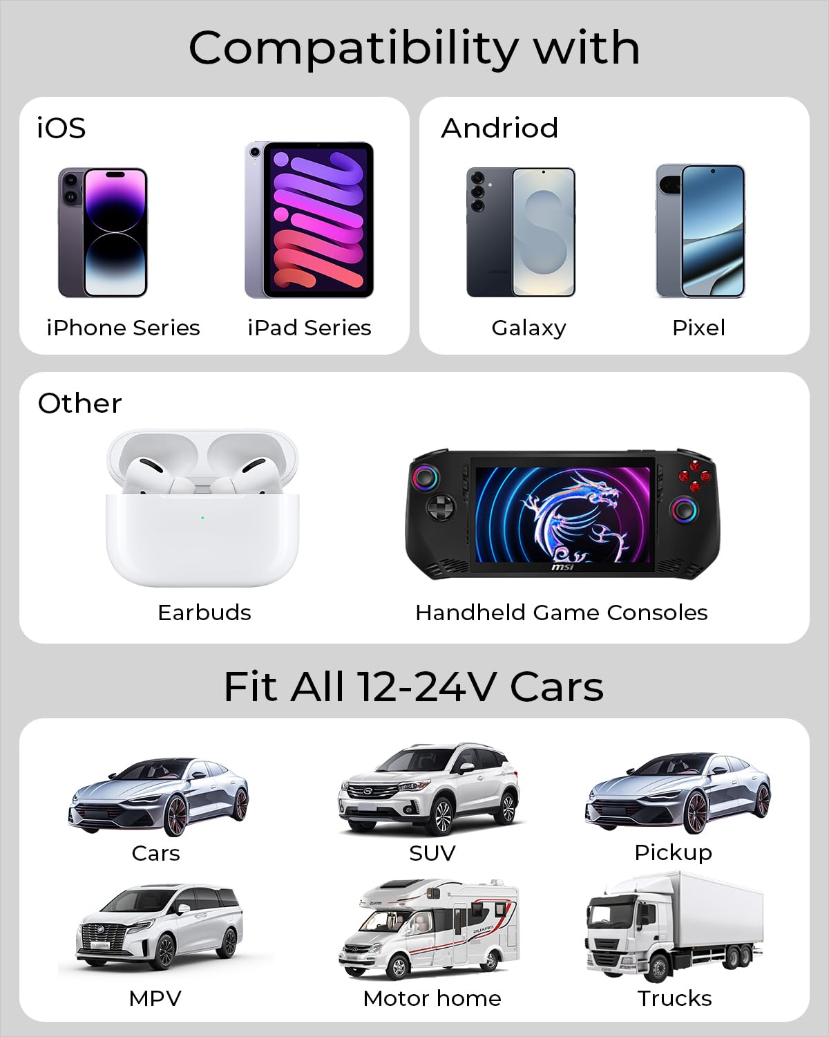 Retractable Car Charger,4 in 1 Fast Charging Car Charger with USB-C & USB-A