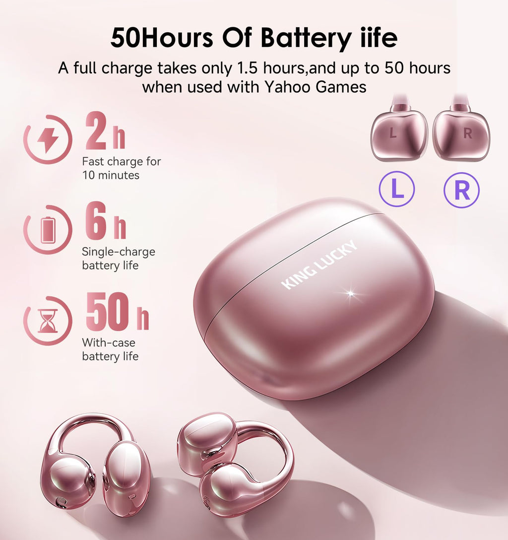 King Lucky Clip-On Earbuds Gen 3, Open-Ear Wireless Bluetooth 6.0 Headphones with Mic, Secure Fit for Small Ears & Glasses Wearers, 50H Playtime, LED Digital Display, ENC, IPX5 Waterproof (Purple)