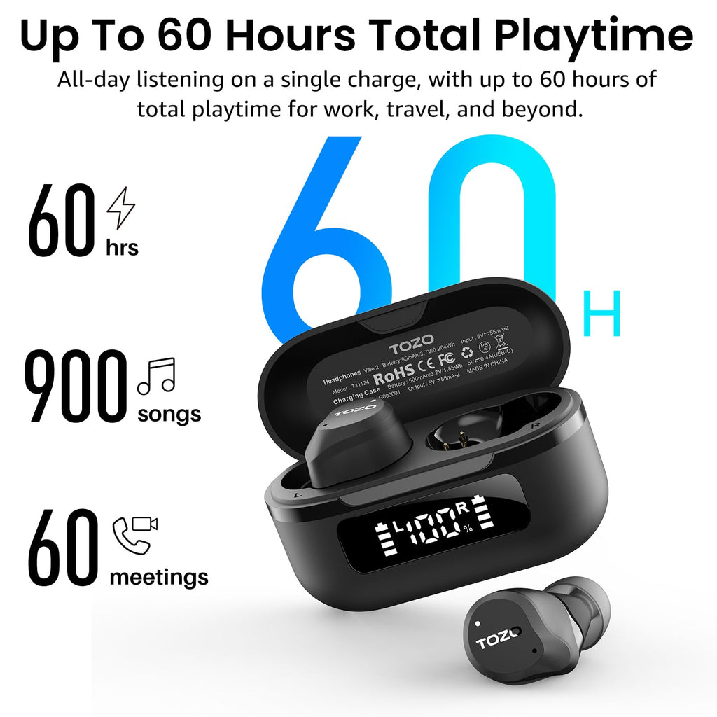TOZO NC9 Hybrid Active Noise Cancelling Wireless Earbuds, 60H, LED Display