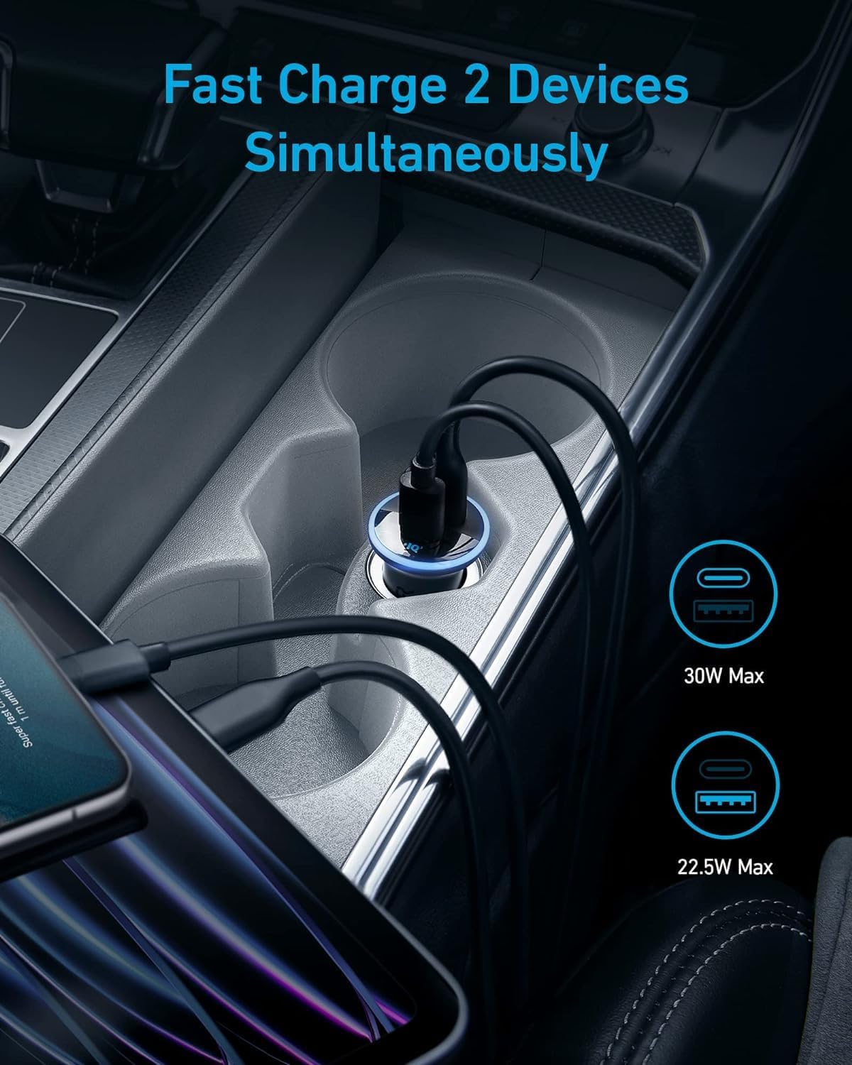 Anker 323 52.5W USB C Car Charger with 30W PowerIQ 3.0 Fast Charging