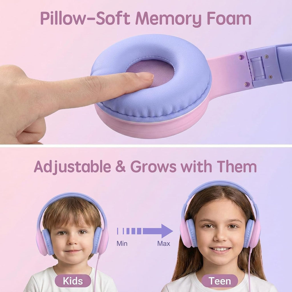 ADOOPE Wired Kids Headphones with USB C Plug, 85dB Safe Volume, Adjustable Headband, Tangle-Free Cord Headphones for School, Tablet, Travel (Light Purple & Pink, Without Microphone)
