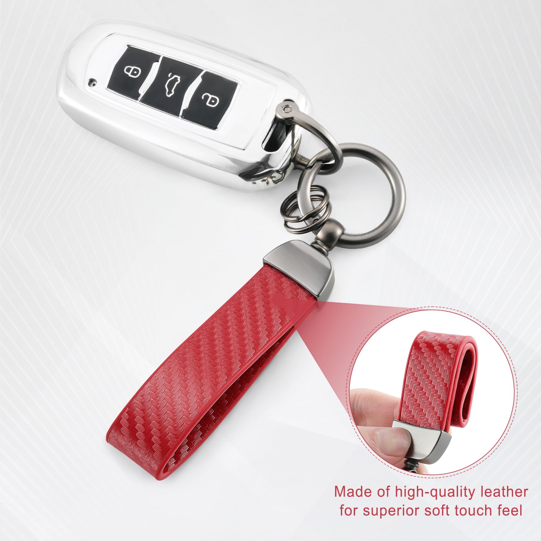 JUSTTOP Leather Wristlet Keychain, Carbon Fiber Car Key Chain with Anti-Lost D-Ring and 2 Key Rings, Compatible with Most Car Keys, Car Accessories, A Great Gift for Men and Women (Black)