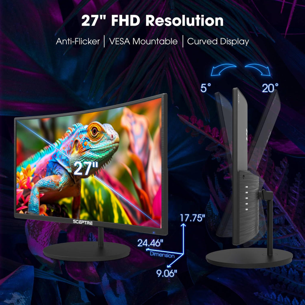 New! Sceptre Curved 24-inch Gaming Monitor 1ms 100Hz 1500R DisplayPort HDMI X2 Eye Care 100% sRGB Build-in Speakers, Machine Black 2026 (C248W-FW100T Series)