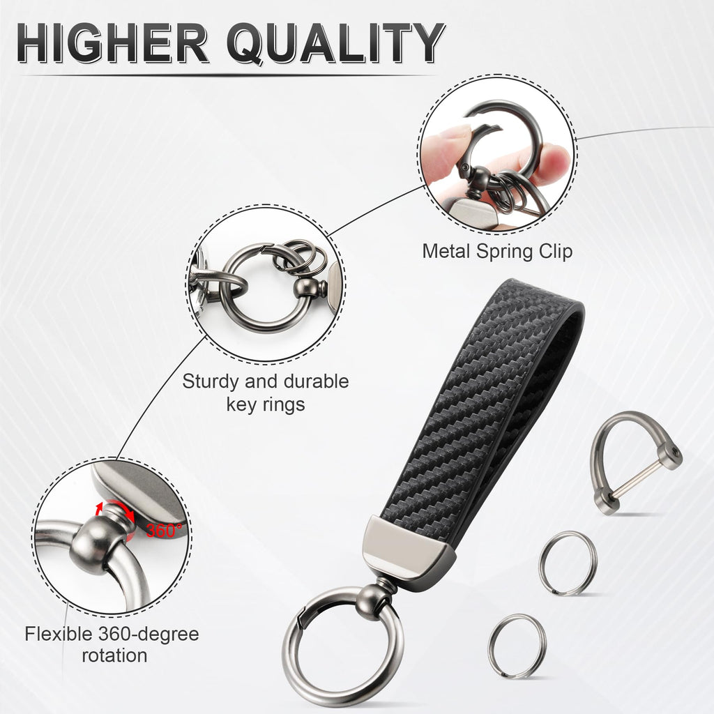 JUSTTOP Leather Wristlet Keychain, Carbon Fiber Car Key Chain with Anti-Lost D-Ring and 2 Key Rings, Compatible with Most Car Keys, Car Accessories, A Great Gift for Men and Women (Black)