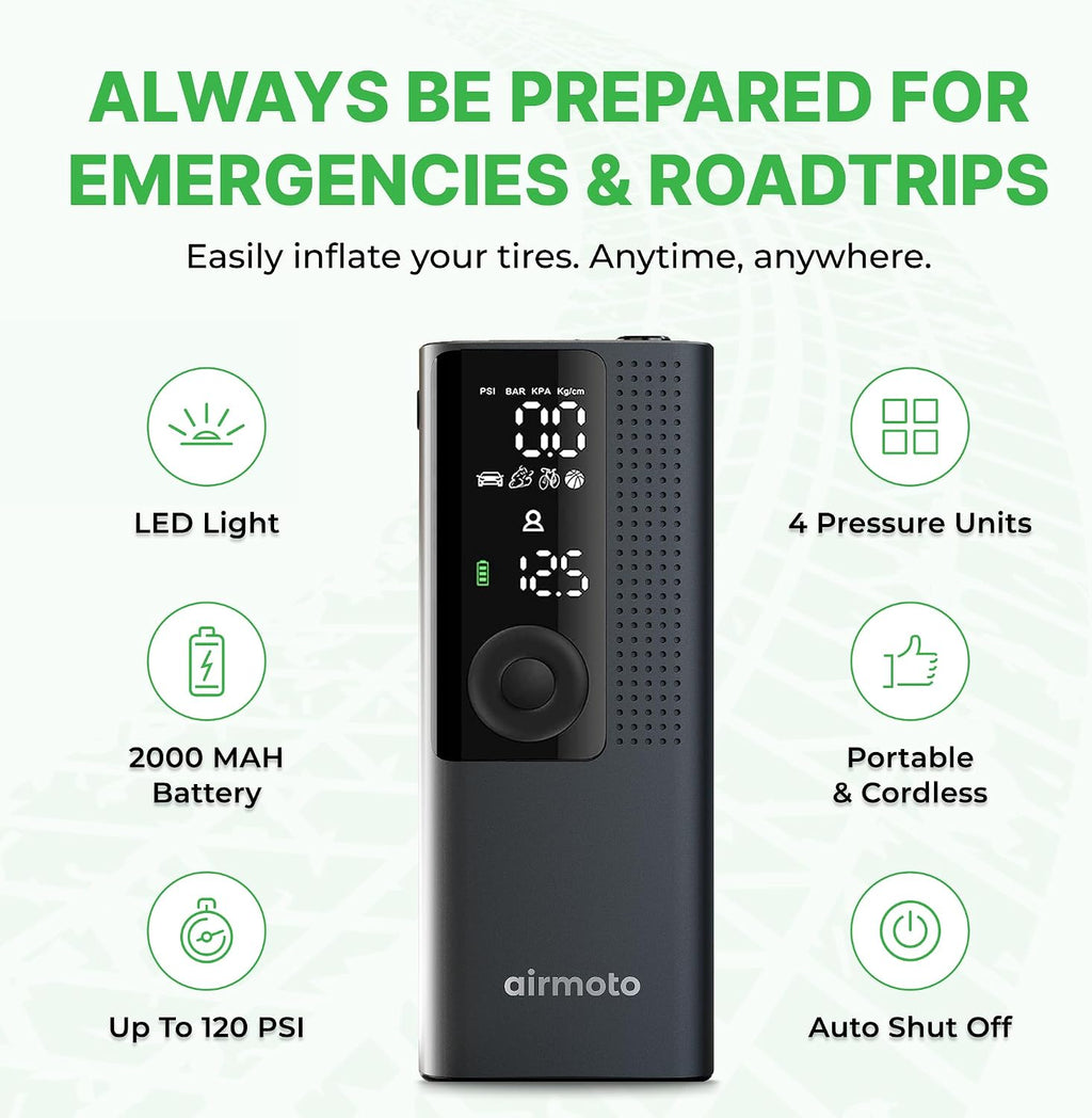Airmoto Tire Inflator Portable Air Compressor for Cars, Bikes and Bicycles