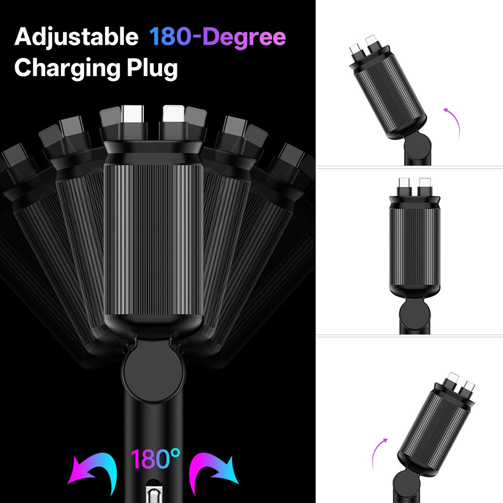 Retractable Car Charger,4 in 1 Fast Charging Car Charger with USB-C & USB-A
