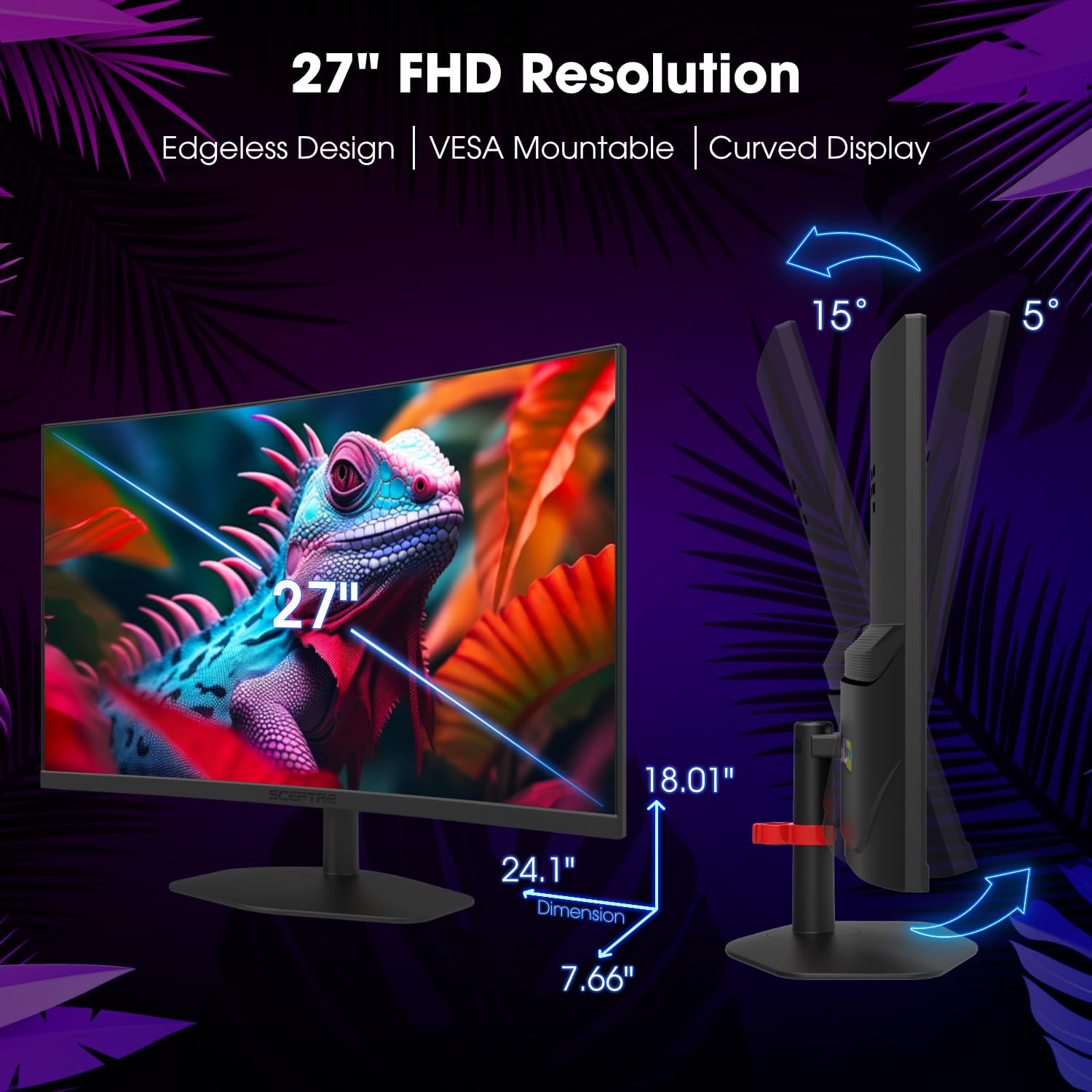 New! Sceptre Curved 24-inch Gaming Monitor 1ms 100Hz 1500R DisplayPort HDMI X2 Eye Care 100% sRGB Build-in Speakers, Machine Black 2026 (C248W-FW100T Series)