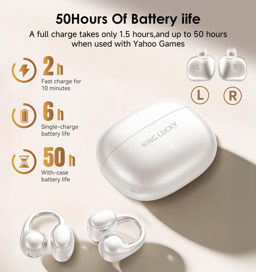 King Lucky Clip-On Earbuds Gen 3, Open-Ear Wireless Bluetooth 6.0 Headphones with Mic, Secure Fit for Small Ears & Glasses Wearers, 50H Playtime, LED Digital Display, ENC, IPX5 Waterproof (Purple)