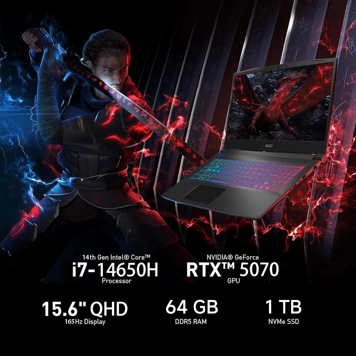 MSI Katana 15HX Gaming Laptop, NVIDIA GeForce RTX 5070 8GB GDDR7, 14th Gen Intel Core i7-14650HX, 15.6" 165Hz 2.5K QHD (2560x1440) Screen, 32 GB DDR5 RAM, 2 TB SSD, RGB KB, Copilot AI, Win 11 Pro