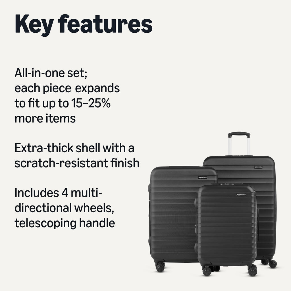 Amazon Basics 30" Hardside Large Checked Luggage, Hardshell Suitcase With Four Multi-directional Wheels, Expandable For Up to 15% More Space, Scratch-Resistant Shell, Black