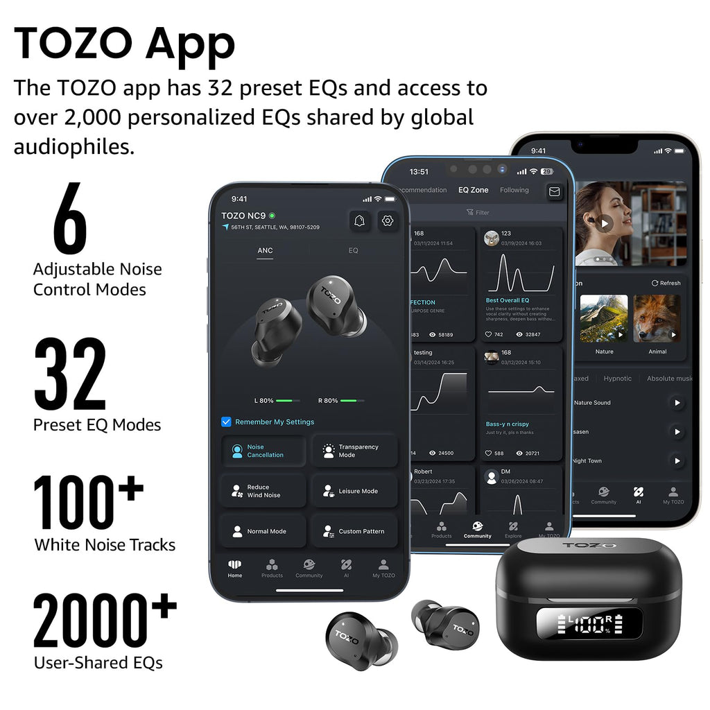 TOZO NC9 Hybrid Active Noise Cancelling Wireless Earbuds, 60H, LED Display