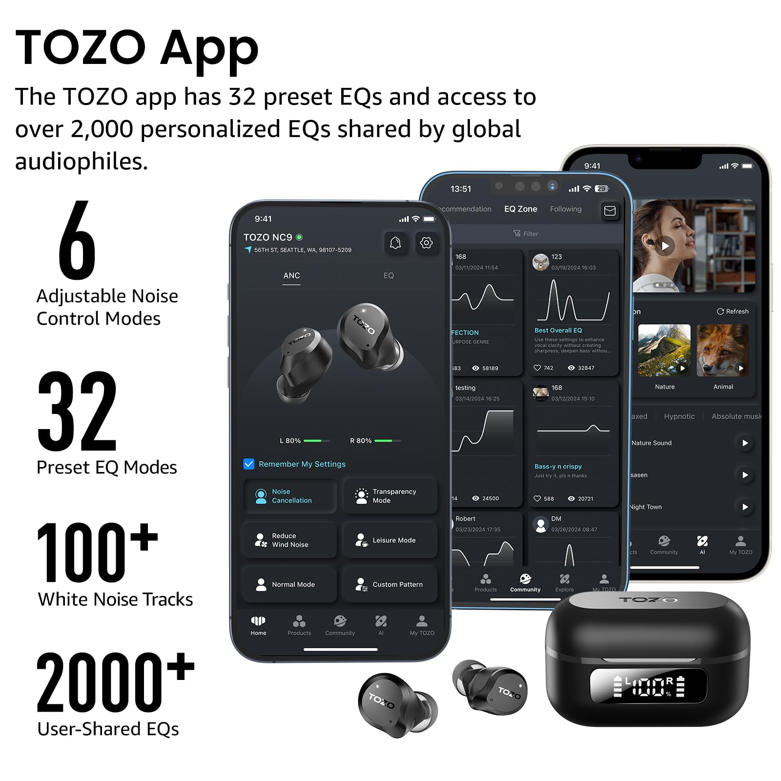 TOZO NC9 Hybrid Active Noise Cancelling Wireless Earbuds, 60H, LED Display