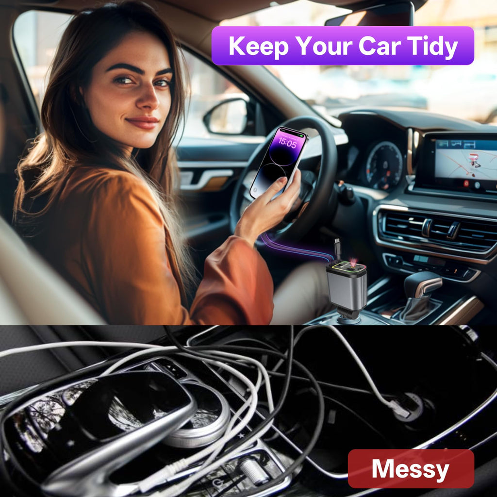 Retractable Car Charger,4 in 1 Fast Charging Car Charger with USB-C & USB-A
