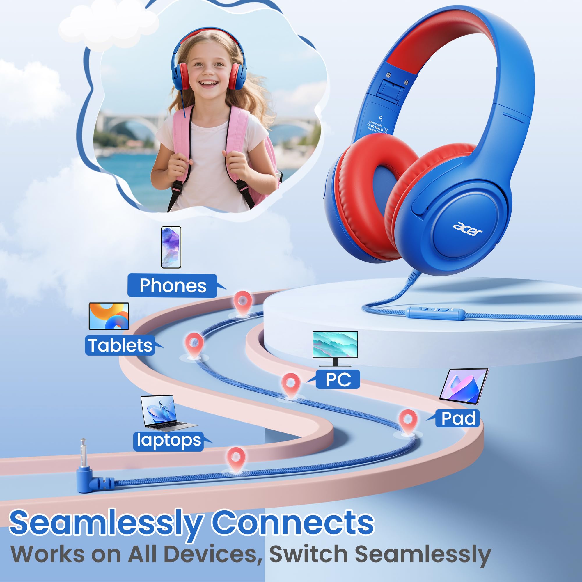 Acer Kids Headphones for School, 85-94dB Limiter, 3.5mm Jack, w/Mic HK03