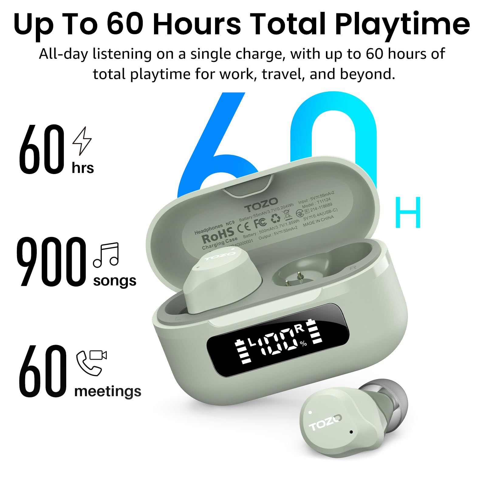 TOZO NC9 Hybrid Active Noise Cancelling Wireless Earbuds, 60H, LED Display