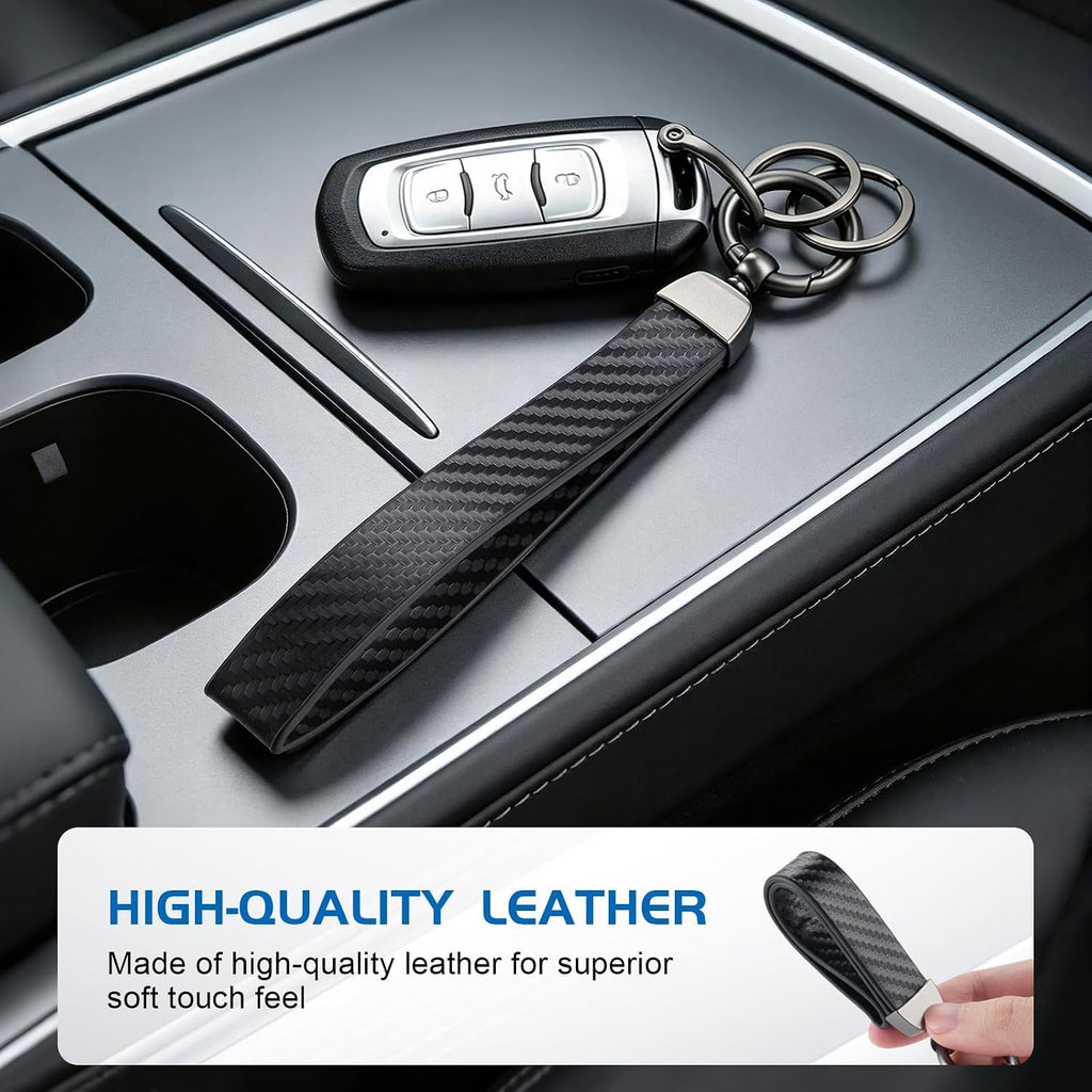 JUSTTOP Leather Wristlet Keychain, Carbon Fiber Car Key Chain with Anti-Lost D-Ring and 2 Key Rings, Compatible with Most Car Keys, Car Accessories, A Great Gift for Men and Women (Black)