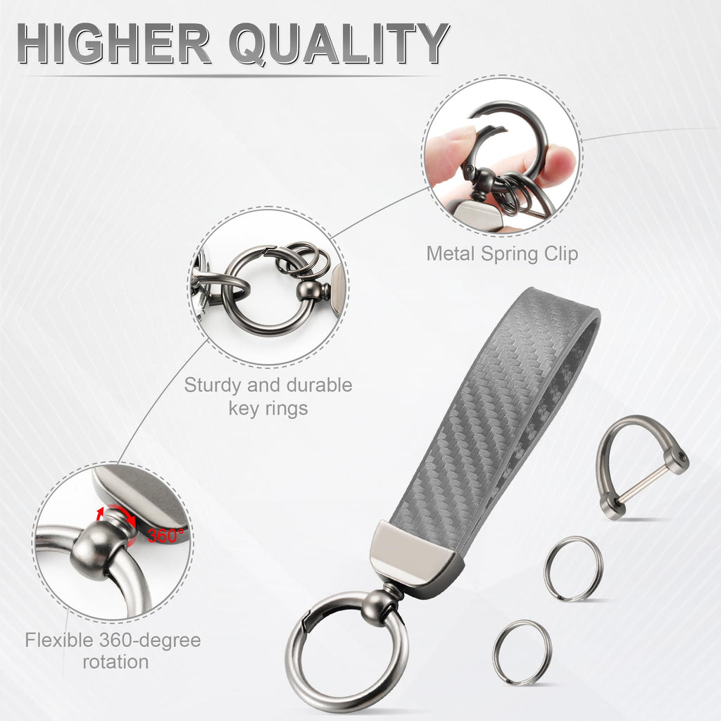JUSTTOP Leather Wristlet Keychain, Carbon Fiber Car Key Chain with Anti-Lost D-Ring and 2 Key Rings, Compatible with Most Car Keys, Car Accessories, A Great Gift for Men and Women (Black)