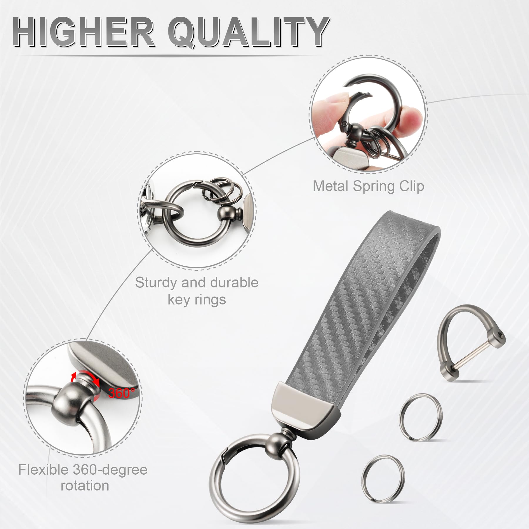 JUSTTOP Leather Wristlet Keychain, Carbon Fiber Car Key Chain with Anti-Lost D-Ring and 2 Key Rings, Compatible with Most Car Keys, Car Accessories, A Great Gift for Men and Women (Black)
