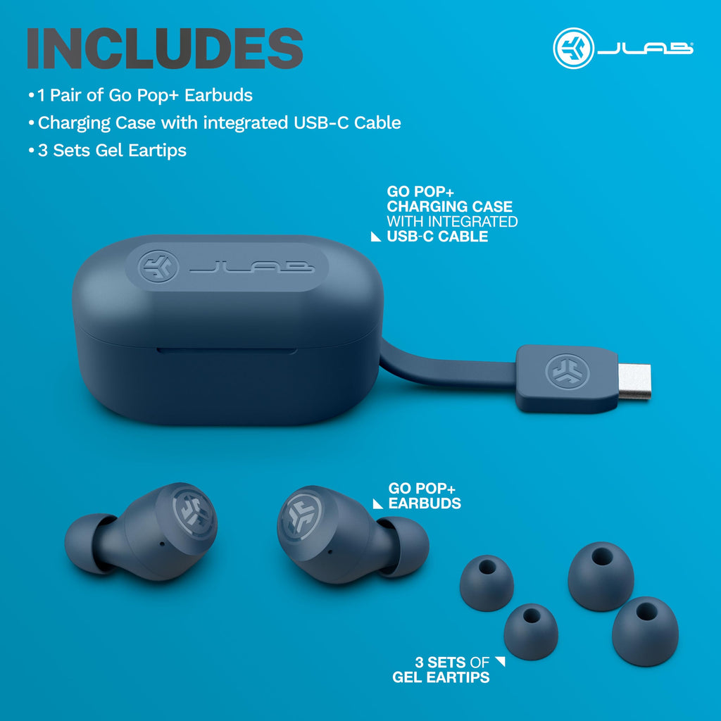 JLab Go Air Pop+ True Wireless Earbuds, in Ear Headphones, Bluetooth Earphones, 35H Playtime Ear Buds, Bluetooth Earbuds with Microphone, USB-C Charging Case, Dual Connect, EQ3 Sound, Black