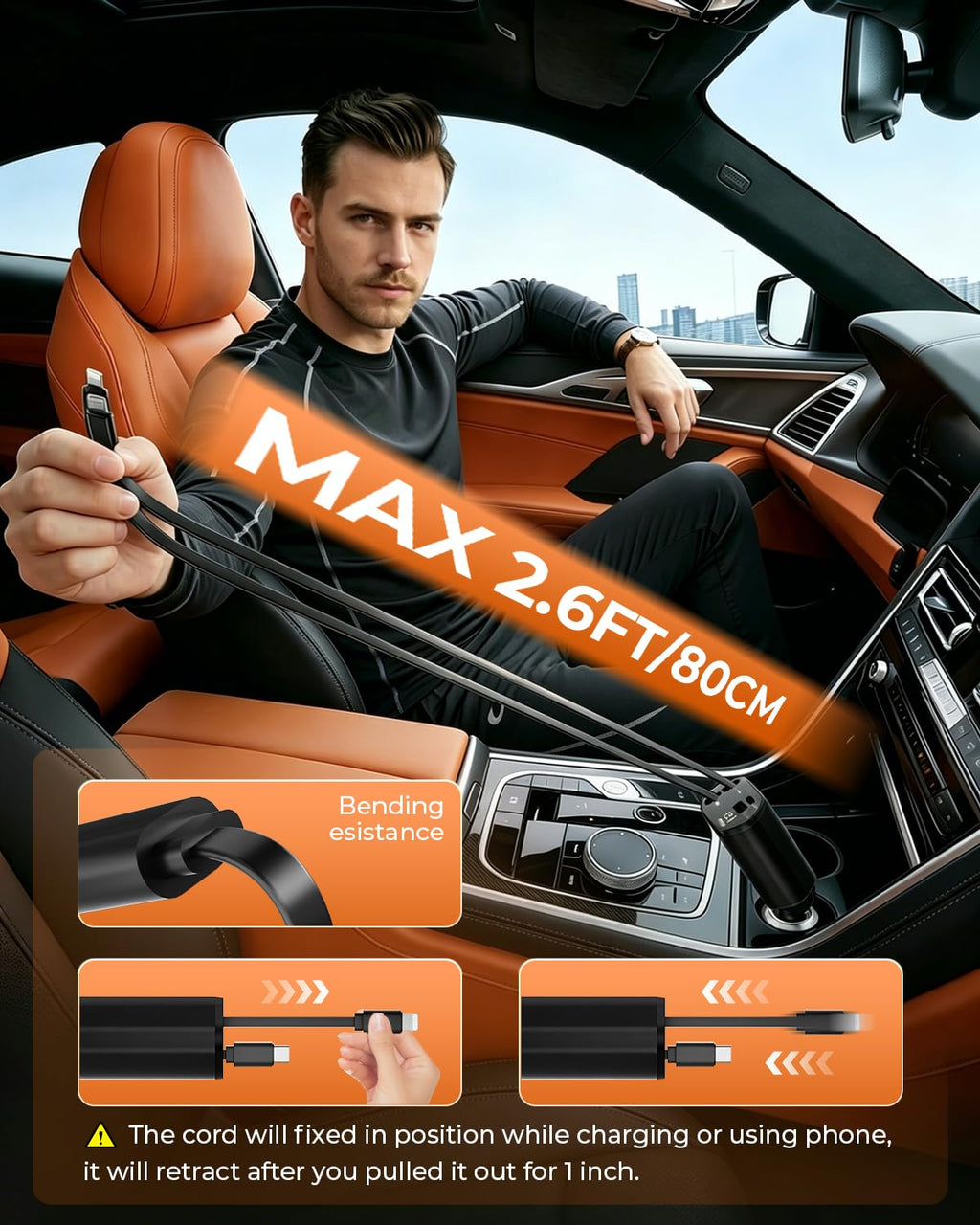 Retractable Car Charger,4 in 1 Fast Charging Car Charger with USB-C & USB-A