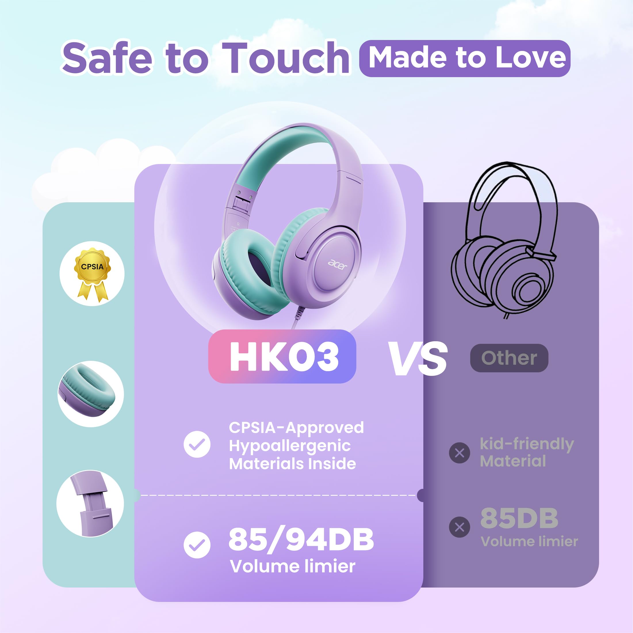 Acer Kids Headphones for School, 85-94dB Limiter, 3.5mm Jack, w/Mic HK03