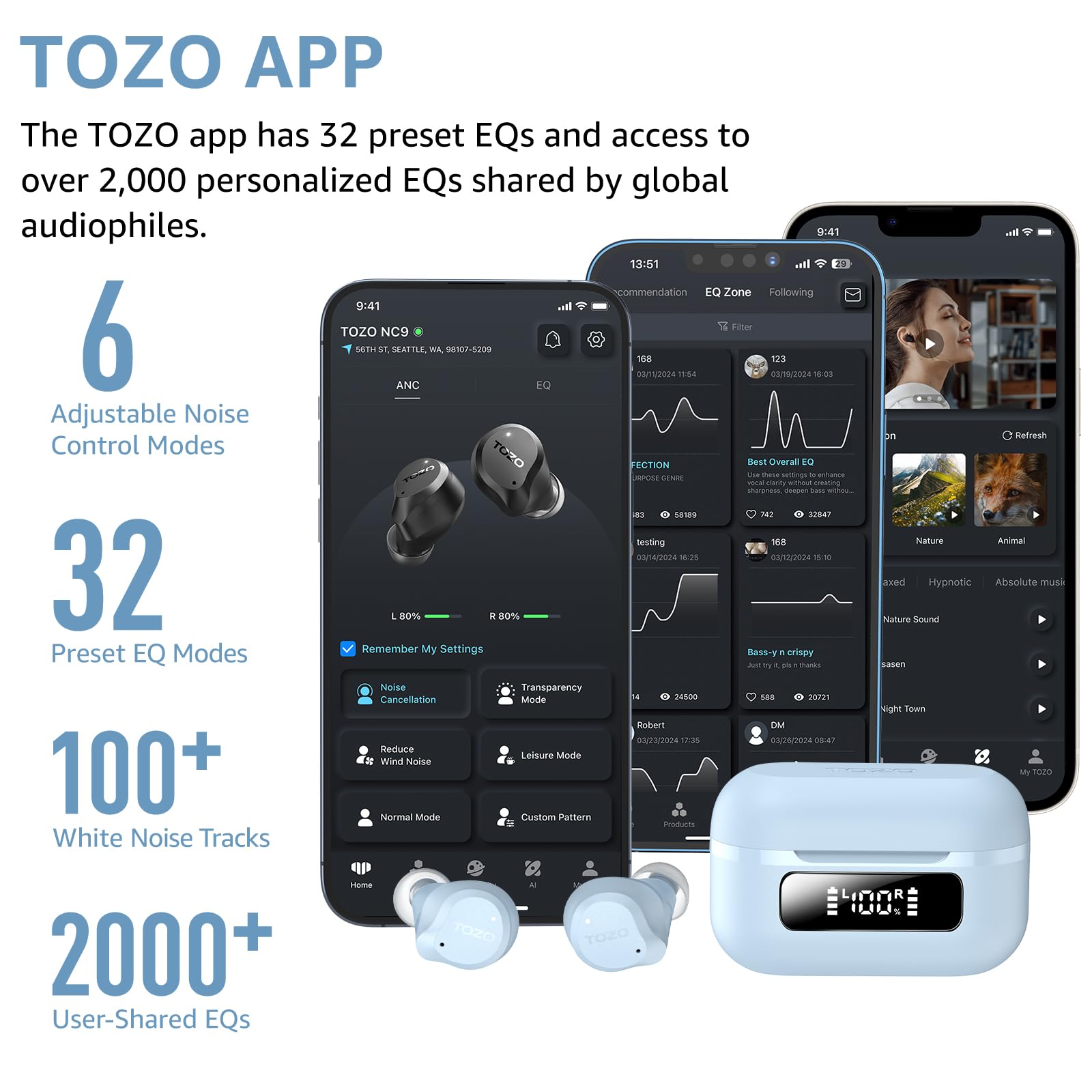 TOZO NC9 Hybrid Active Noise Cancelling Wireless Earbuds, 60H, LED Display
