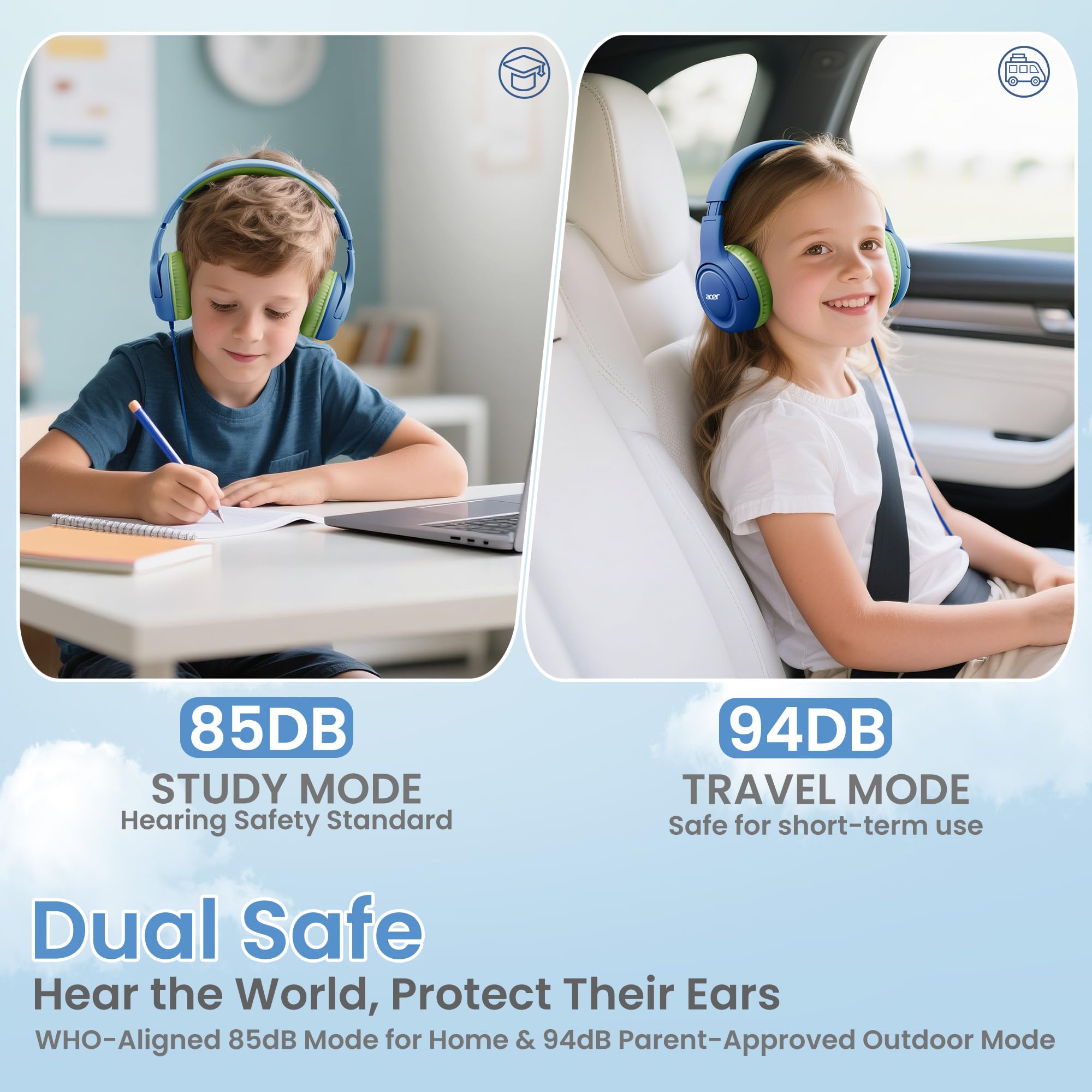 Acer Kids Headphones for School, 85-94dB Limiter, 3.5mm Jack, w/Mic HK03