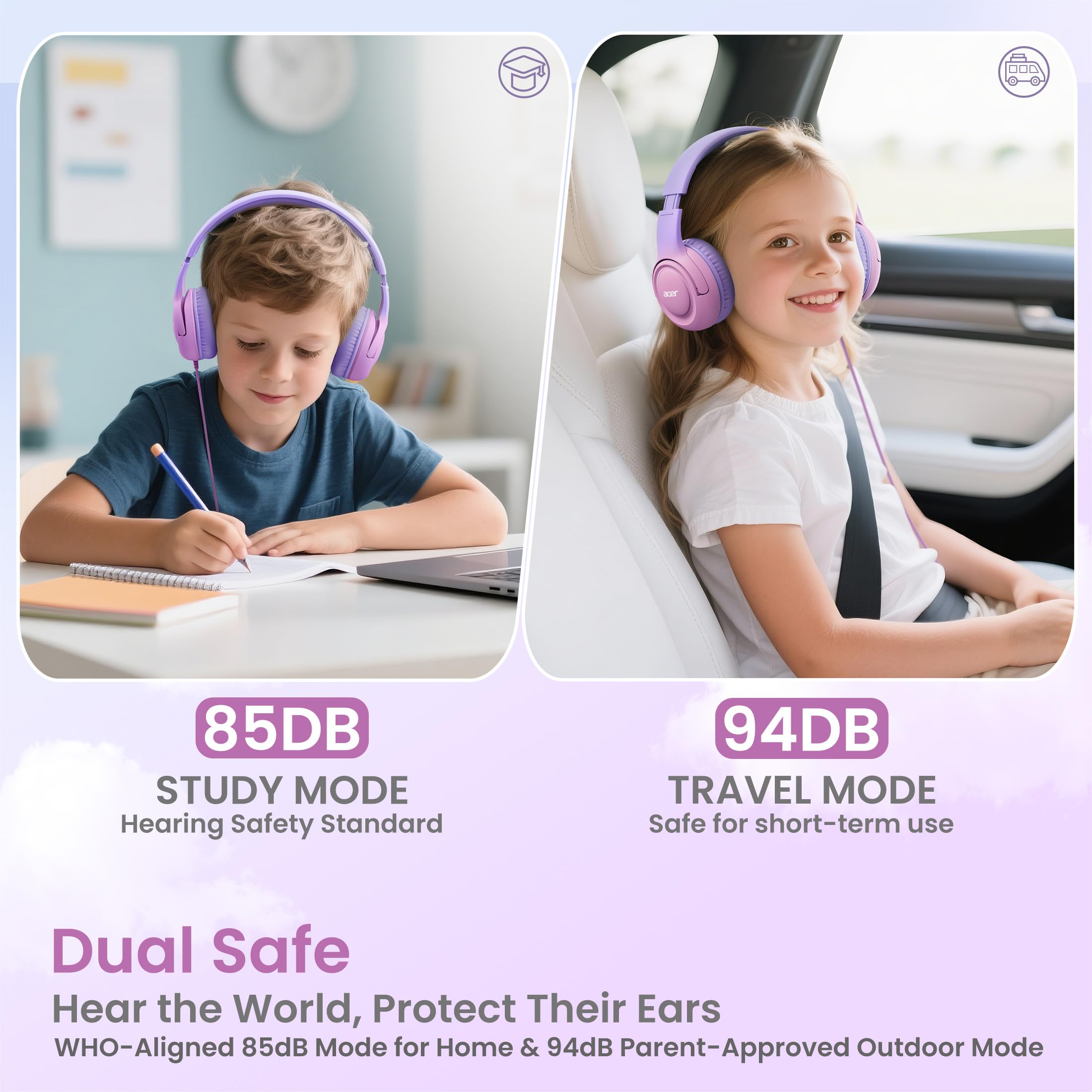 Acer Kids Headphones for School, 85-94dB Limiter, 3.5mm Jack, w/Mic HK03