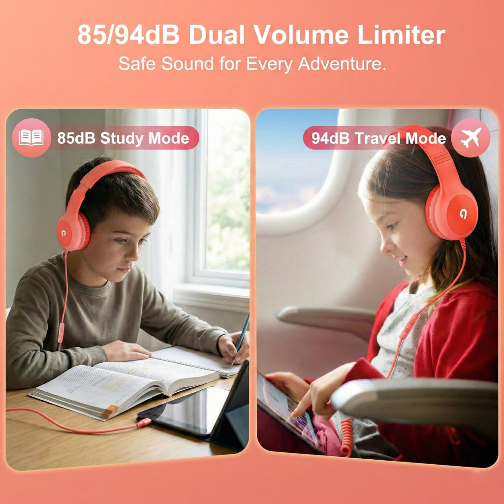 ADOOPE Wired Kids Headphones with USB C Plug, 85dB Safe Volume, Adjustable Headband, Tangle-Free Cord Headphones for School, Tablet, Travel (Light Purple & Pink, Without Microphone)