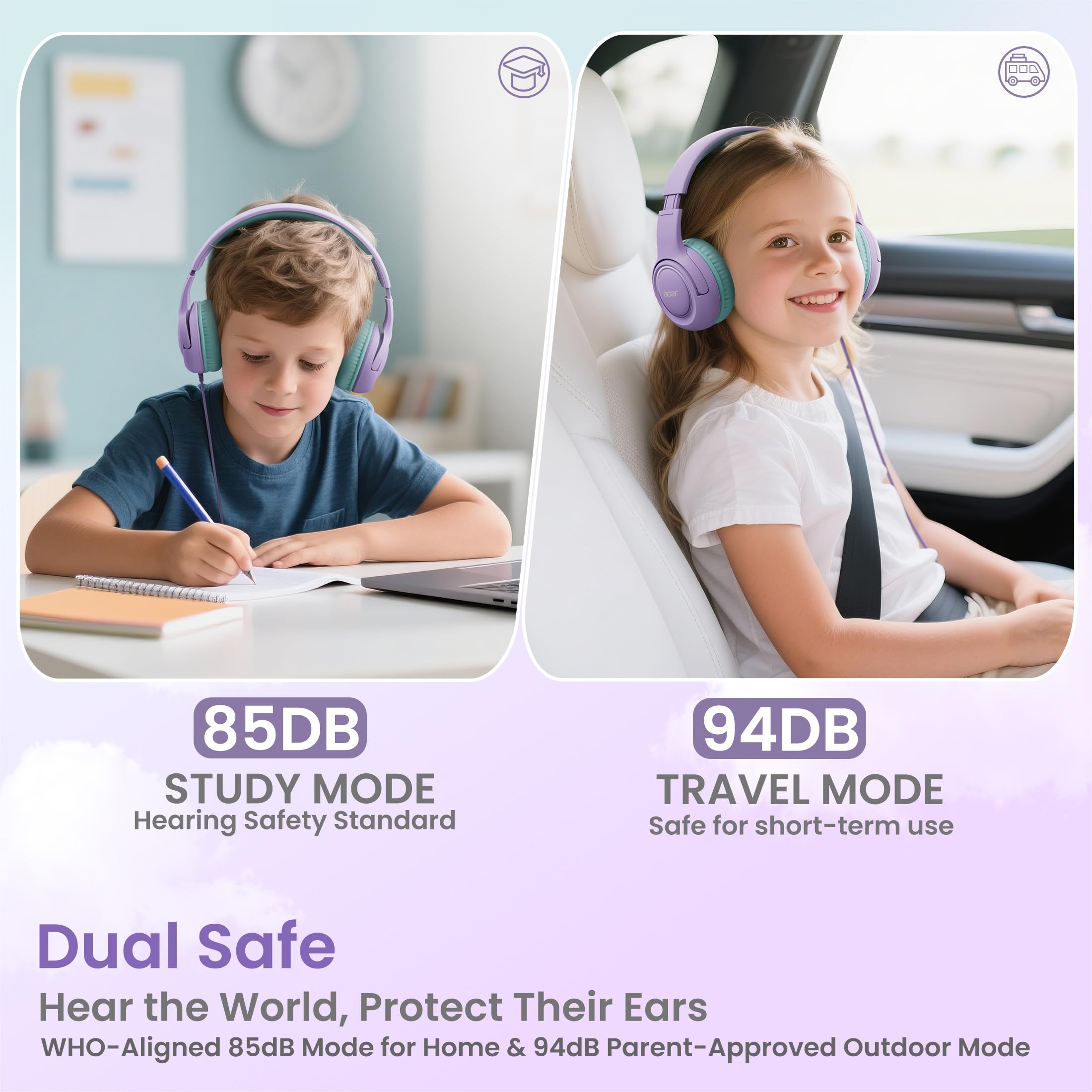 Acer Kids Headphones for School, 85-94dB Limiter, 3.5mm Jack, w/Mic HK03